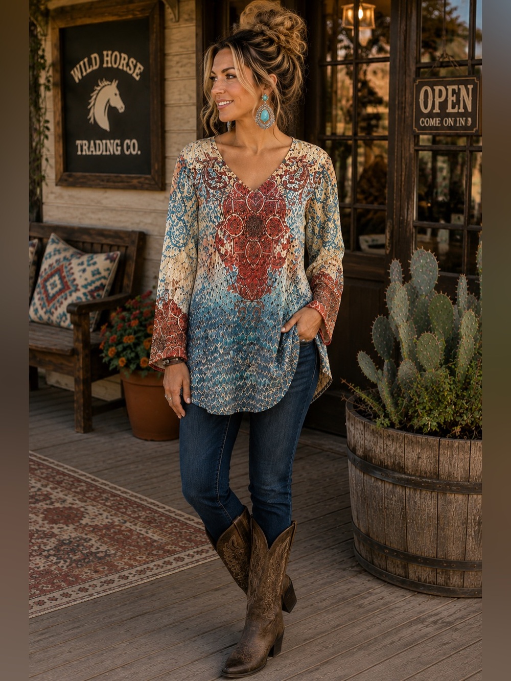 Wrangler 3XL Boho Western Paisley Openwork Tunic Top